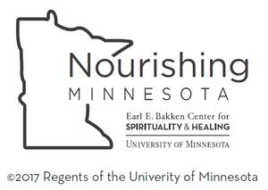 Logo for Nourishing Minnesota: The outline of the state of the Minnesota, with the name in the middle.