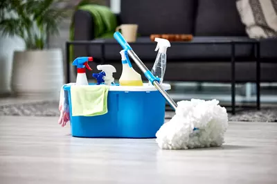 cleaning supplies in a bucket