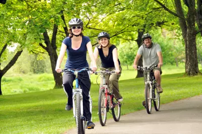 people riding bikes together. 