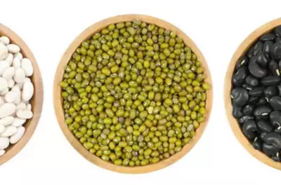 Close up of three bowls of beans against a white background